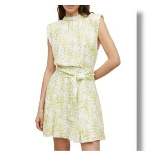 All saints Amanzi lime green linen blend flowy mini dress floral size 10